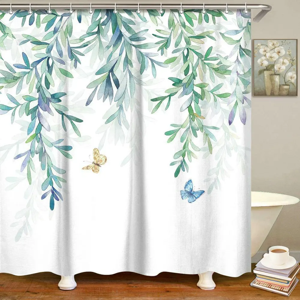 

Leaf Shower Curtain Plant Botanical Butterfly Watercolor Nature Eucalyptus Green Leaves Bathroom Waterproof Screen With Hooks