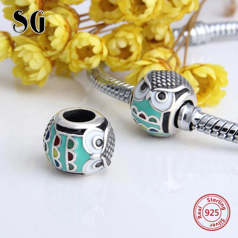 SG 925 Серебро милые животные Сова Подвески бусины с разноцветной эмалью Fit