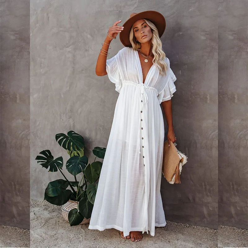

2021 New White Summer Women Maxi Dress Sexy V Neck Short Sleeve Buttons Cardigan Beach Robe Casual Holiday Sundress Female