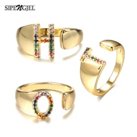 sipengjel rainbow zircon alphabet initial rings punk geometric open letter rings for women party wedding jewelry gift 2021