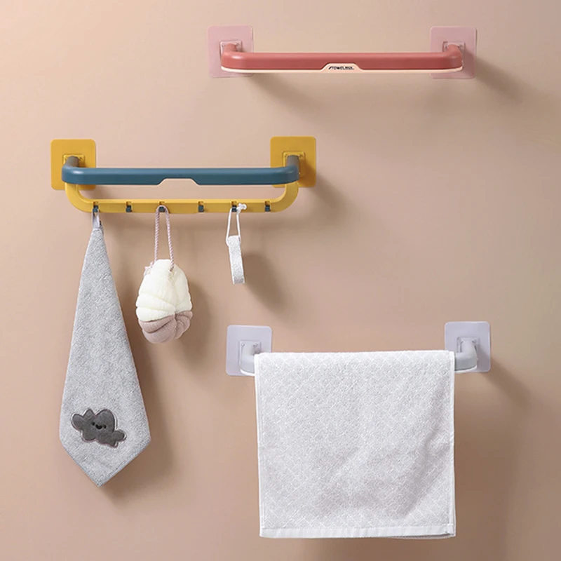 Bathroom Towel Racks Punch-free Self-adhesive Wall Mounted Shelf Bar Hanger Folding Kitchen Accessories | Дом и сад