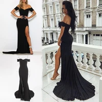 sexy off shoulder black bridesmaid dresses tight packet hips high split zipper red prom dress for wedding party robe de soiree