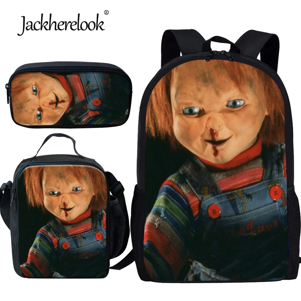 

Jackherelook 3pcs Schoolbags For Student Big Capacity Horror Puppet Doll Chucky TV Show Design Durable Canvas Backpack Mochila