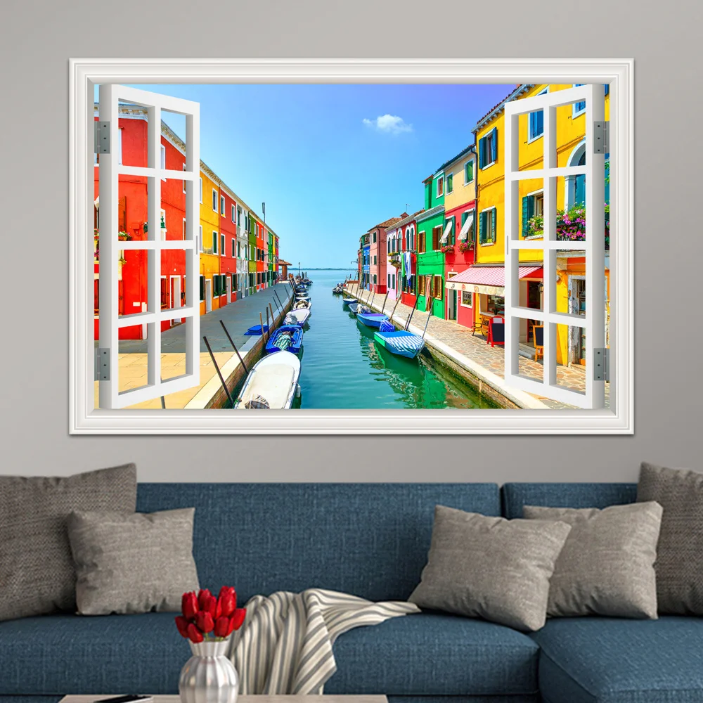 One piece Beautiful City Water Town Scenery 3D Window View Sticker Decal Vinyl Mural Wallpaper Wall PVC Room Decor | Дом и сад