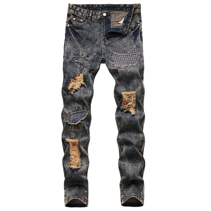 

New Men's Ripped Destroyed Casual Slim Jeans Fashion Streetwear Big Holes Trousers Hip hop Male Cotton Beggar Denim Harem Pants
