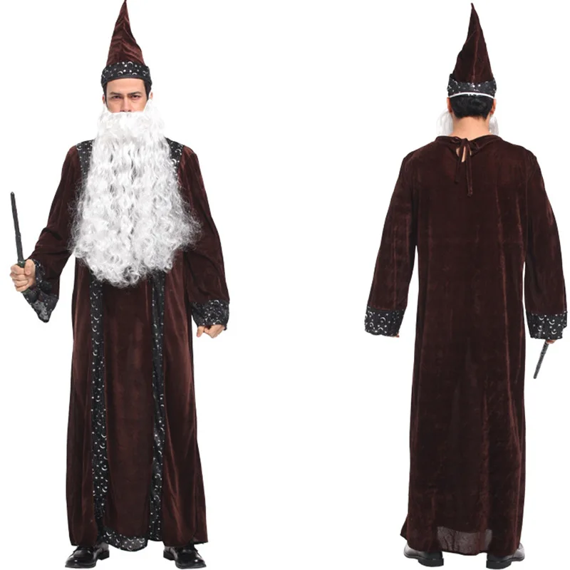 

Men Elder Magic Wizard Robe Halloween Cosplay Costume Adults Boys Masquerade Carnival Party Role Play Dress Up Outfit Clothes