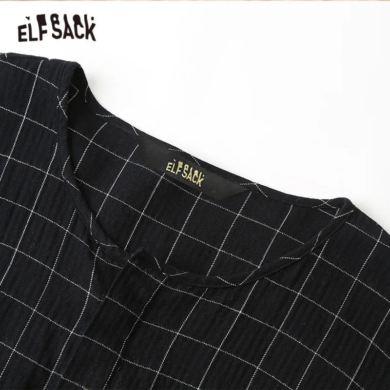 ELFSACK, разноцветное клетчатое Повседневное платье для женщин, осень, длинные платья с рукавом три четверти