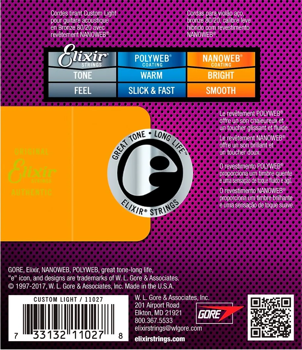 Elixir Nanoweb 11027 покрытие 80/20 бронзовые для акустической струны гитары