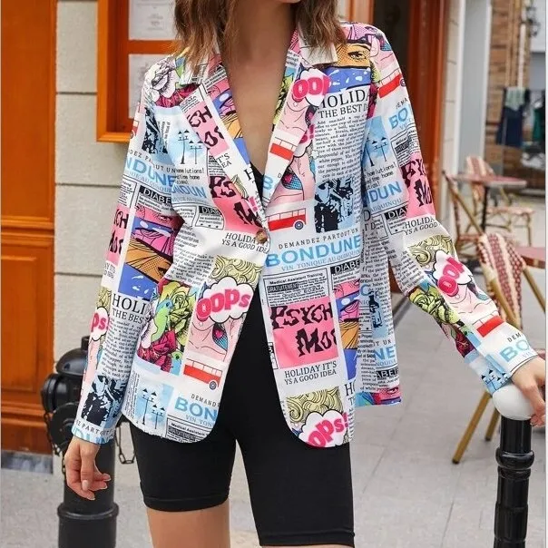 

Spring Autumn Women Clothes Long Sleeve Colorful Suit Blazers Newspaper Print V Neck Defined Waist One Button Slim Coat