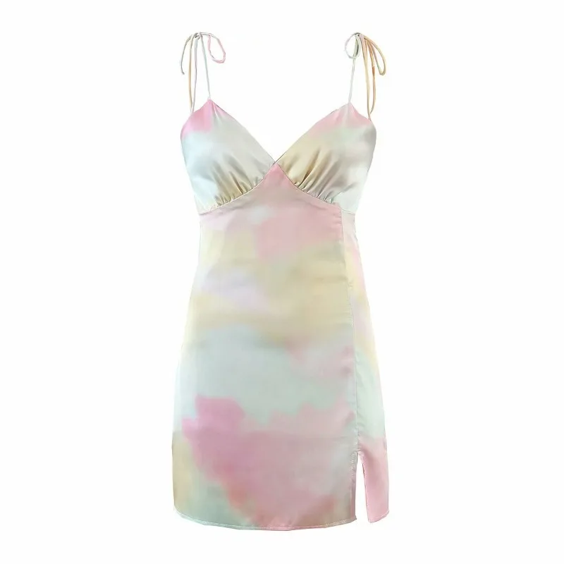 

Women Dye Mini Dresses Summer Sleeveless Backless Light Satin Y2k Casual Party Beach Light Spaghetti Straps Sexy Split Tie Dress