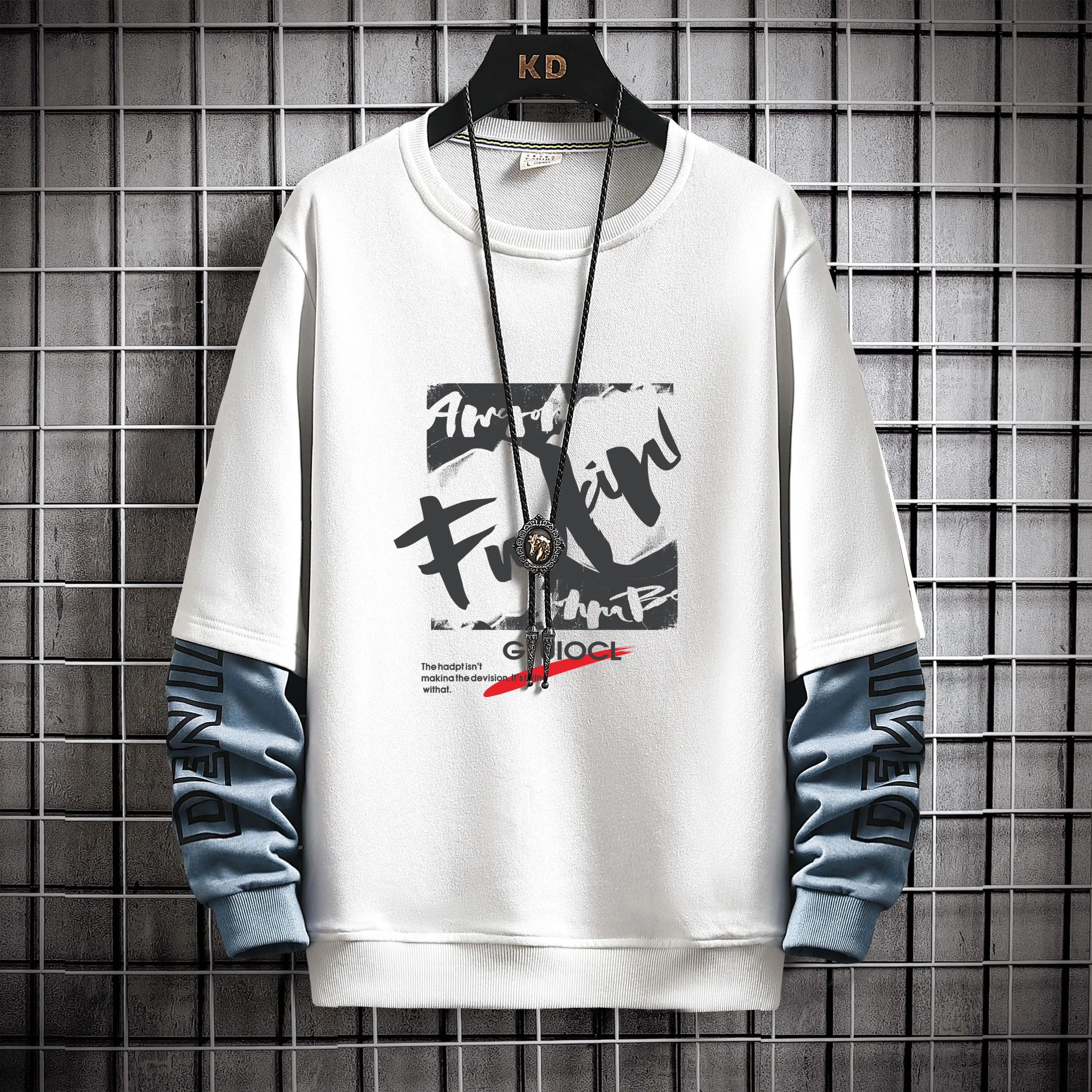 

Autumn High Street Diablo Long-sleeved Men's Fake Two-piece T-shirt Male Students Korean Loose Clothes Trendy Men's Clothing