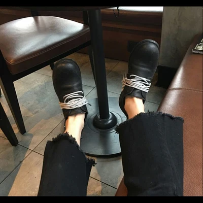 

Spring Autumn Fashion Thick-heel Cross-tied Flat Leather Boots Woman Retro Round Toe Lace-Up Handmade Oxfords Shoes Solid Black