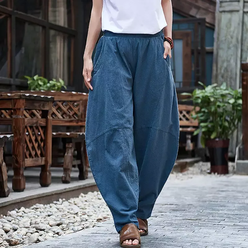 

2021 Spring New Pockets Patchwork Cotton Linen Pants For Women Vintage Trouser Elastic Waist Women Casual Harem Pants