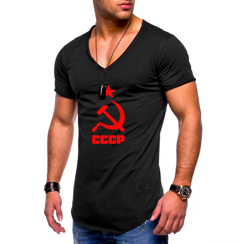 New Summer Men's T-Shirts CCCP Russian USSR Soviet Union print Men's Short sleeve Moscow Russia Cotton V-neck Tops Tee