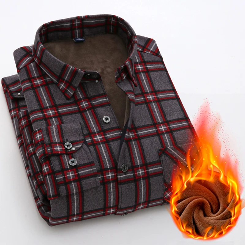 

Мужская двухсторонняя флисовая рубашка, Классическая клетчатая Толстая Мужская рубашка с длинным рукавом, зимняя мужская рубашка с нагруд...