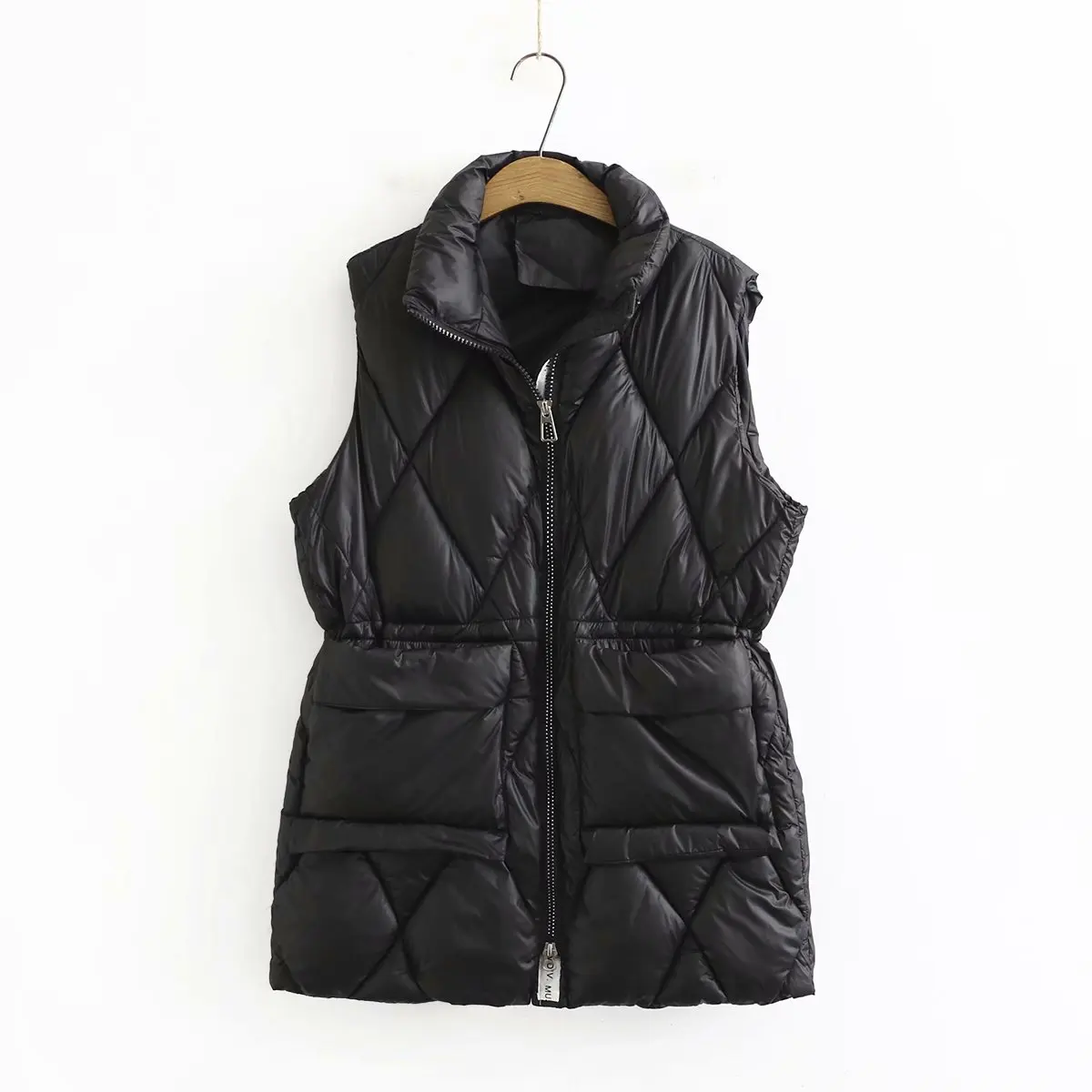 

Plus size black turn-down collar zipper slim waist women warm vest coats 2021 winter Mid-length ladies waistcoat female tops