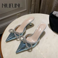 smmer bling rhinestones bowknot women slippers mule high heels pumps sandals flip flops pointed toe slides party shoes stiletto