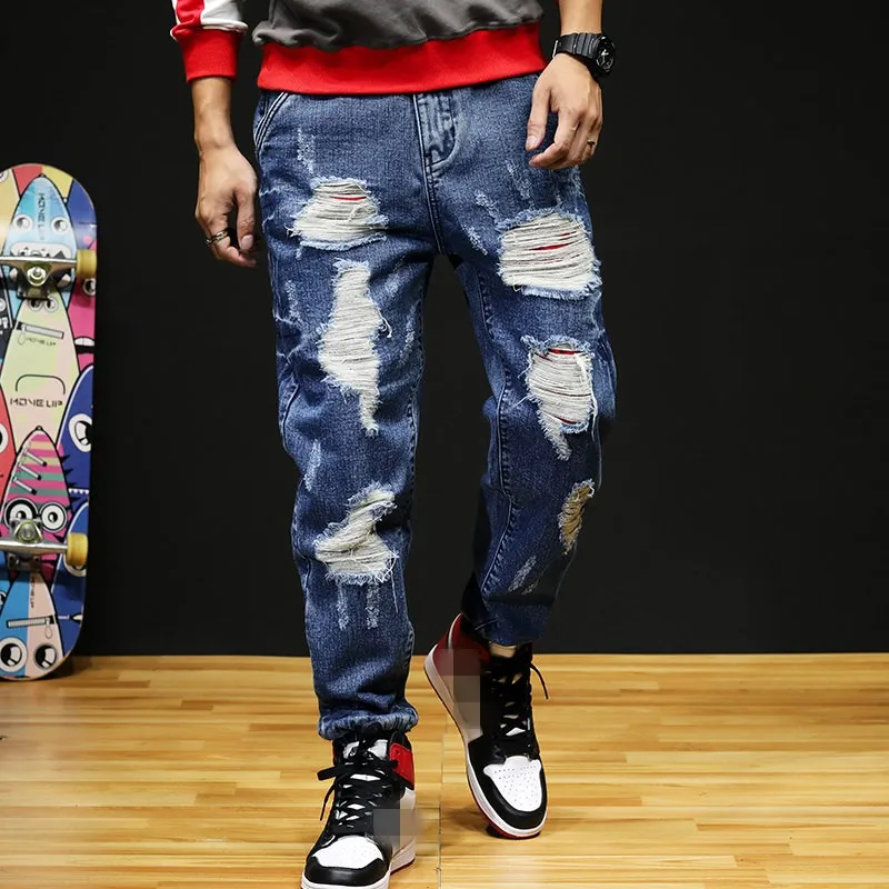 

Summer Big Ripped Hole Vintage Jeans Men Fashion Loose Fit Cowboy Harem Pants Hip Hop Streetwear Jeans Hombre Plus Size 44 Blue
