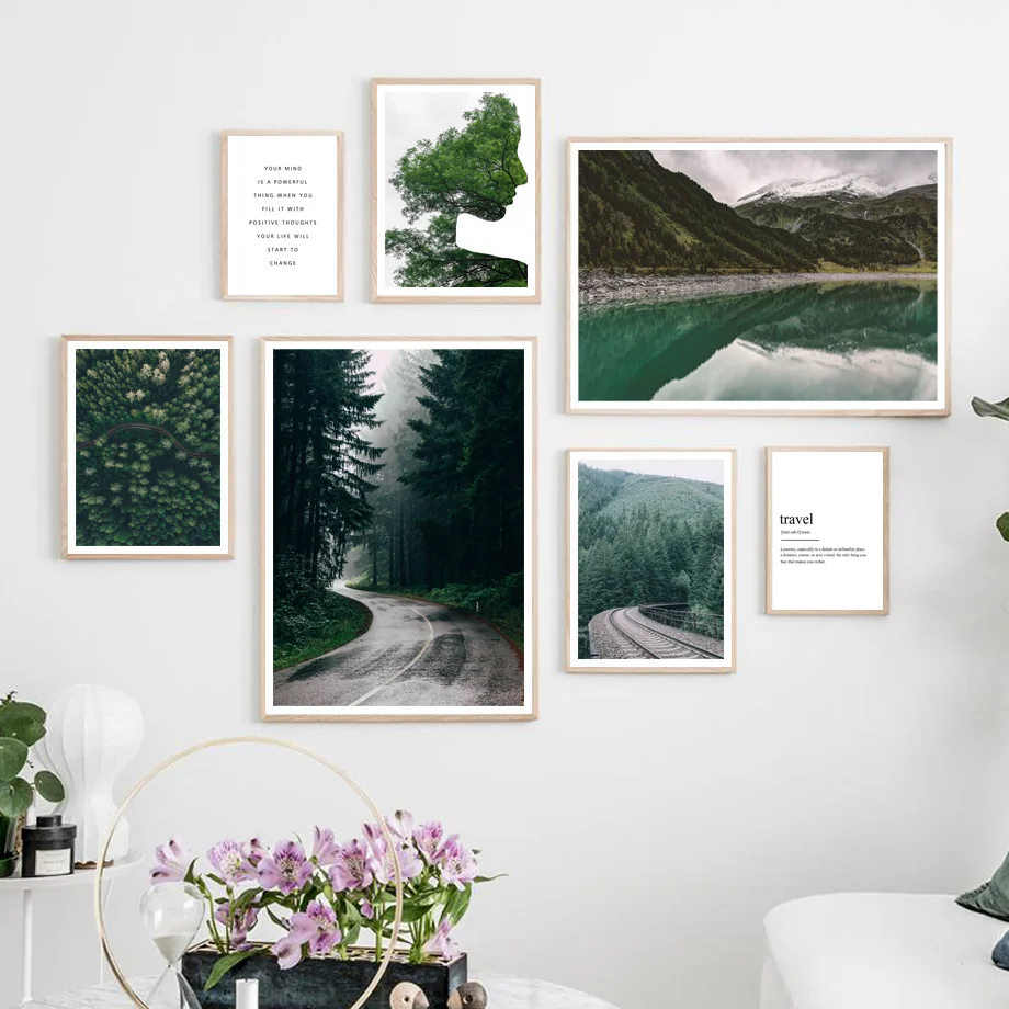 Девушка силуэт Лесная дорога озеро цитаты стены Искусство Холст Живопись