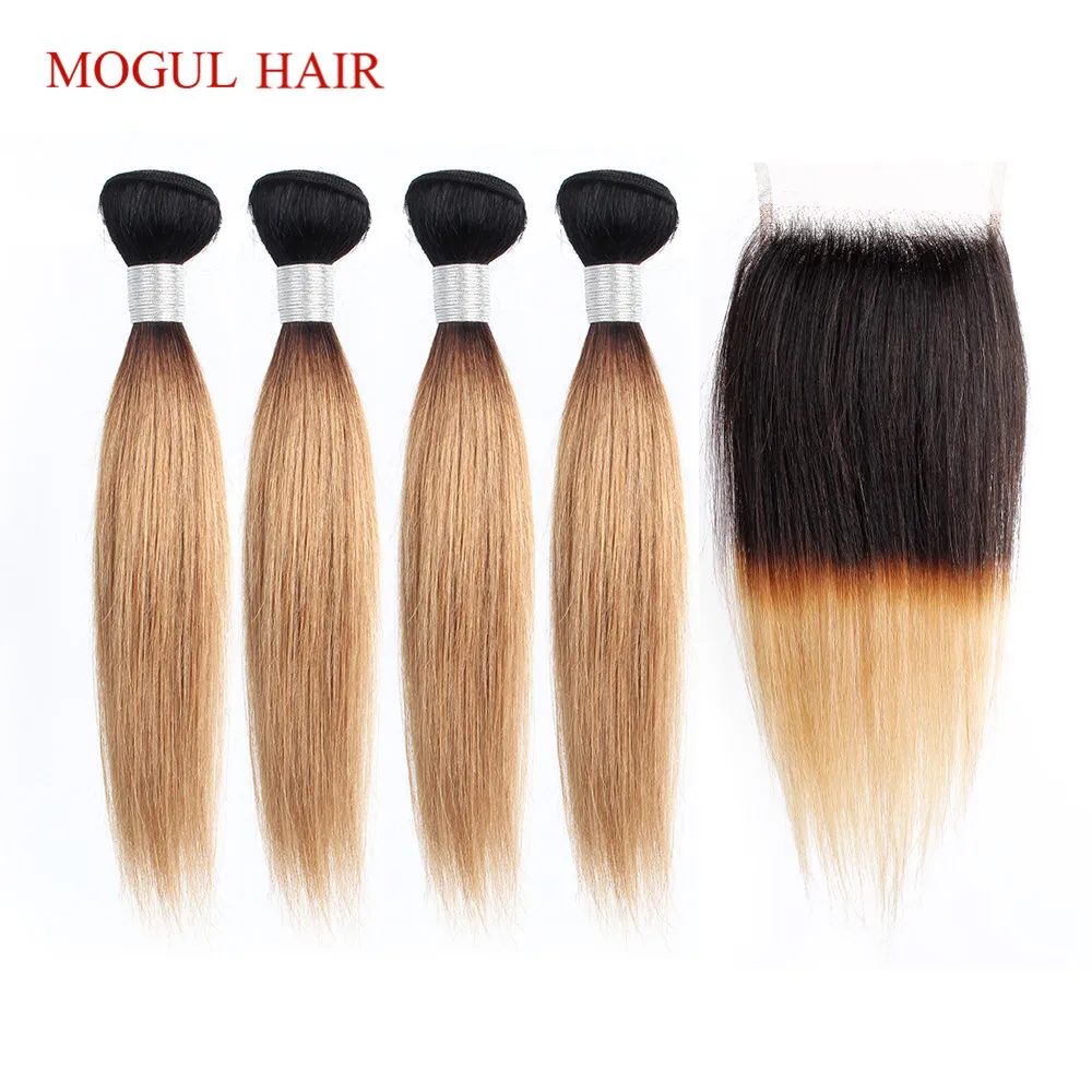 MOGUL волосы 50 г/шт. 4/6 пучок с закрытием медовый блонд пряди с закрытием T 1B 27 бразильские Прямые Омбре Remy человеческие волосы