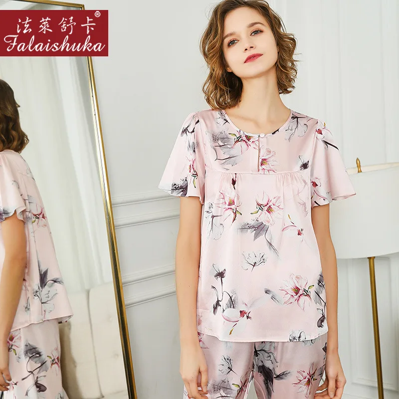 Pajamas Set Silk Stain Floral Print Women Oversized Short Sleeve Top and Shorts Set Summer Homewear Sleepwear Silk Sleep Wears