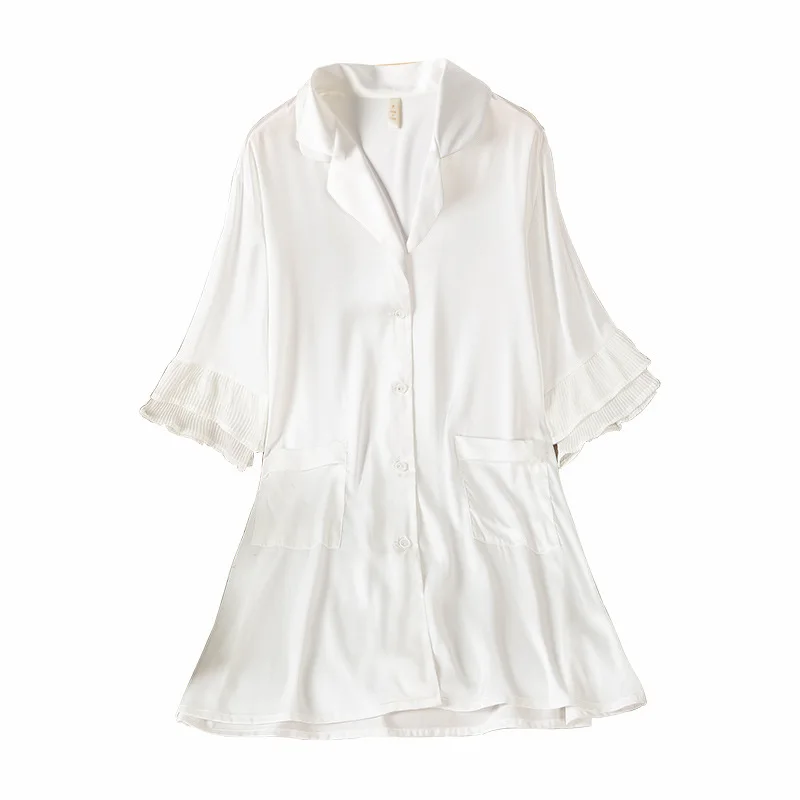 

White Nightdress Sexy Women Summer Satin Nightgown Short Sleepshirt With Pocket Turn-down Collar Soft Casual Home Clothing