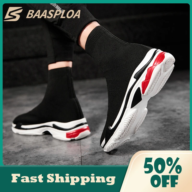 

Baasploa 2021 Casual Knit Upper Breathable Ankle Boot Black Non-slip Men Sneakers Platform Women Sock Sport Running Shoes
