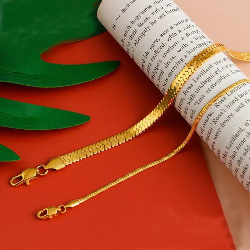

GHIDBK Width 2mm 3mm 6mm Stainless Steel Flat Snake Necklace Women Gold Waterproof Men Hip Hop Jewelry Various Length Gift