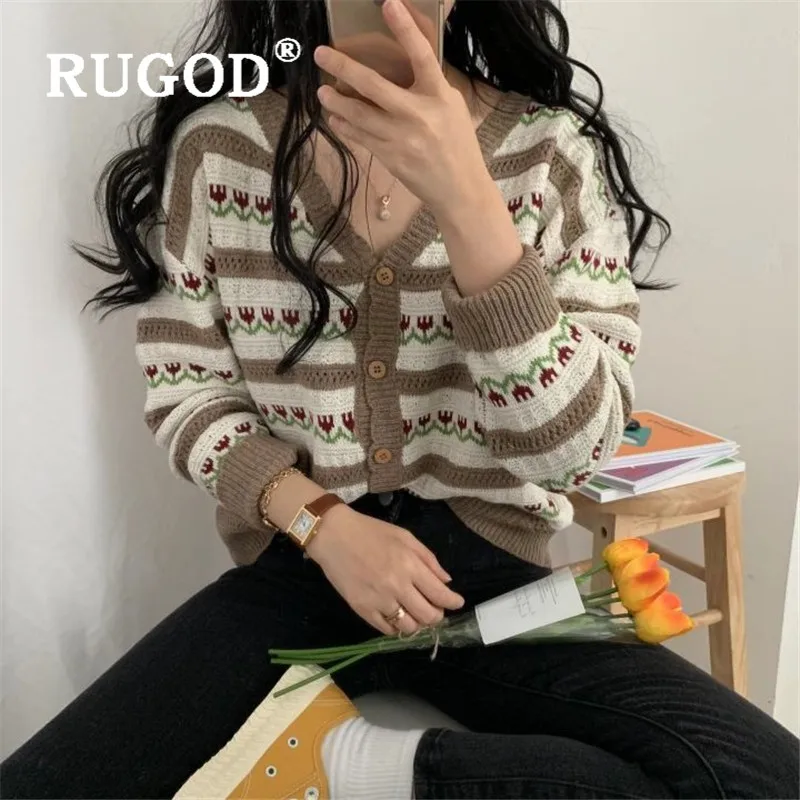 Женский ажурный кардиган RUGOD однобортный вязаный свитер с v-образным вырезом и