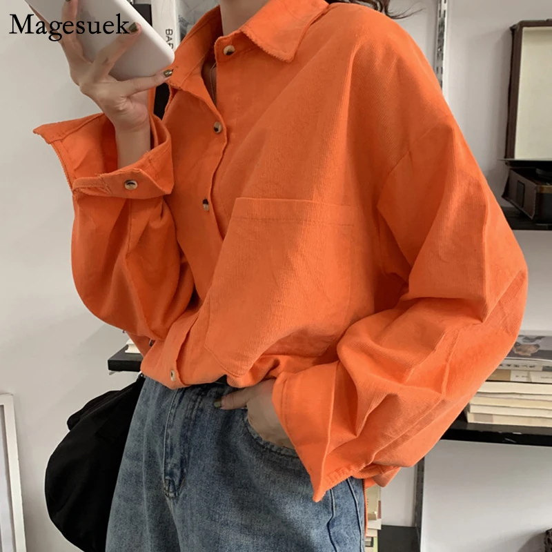 

Осенняя Новая женская однотонная Вельветовая рубашка с длинным рукавом, винтажная блузка, желтая рубашка, Осенние повседневные топы, женск...