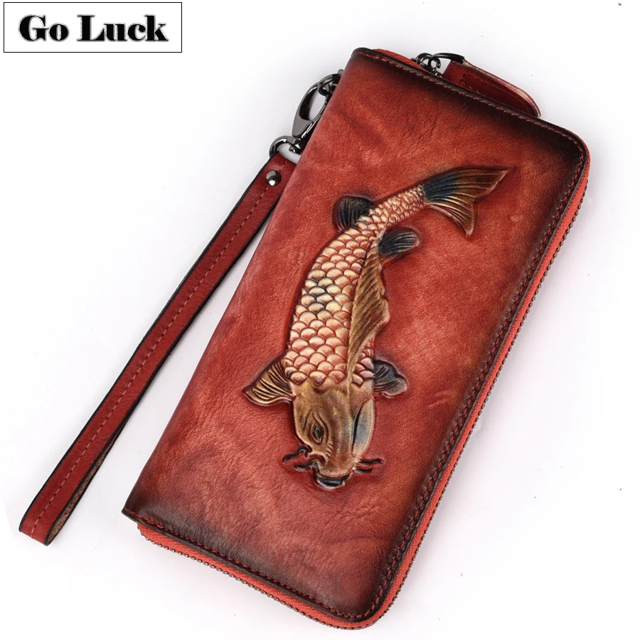 GO-LUCK, женские клатчи из натуральной кожи, кошелек, женская сумка для мобильного телефона, на запястье, на молнии, кошелек, золотая рыбка, с гравировкой