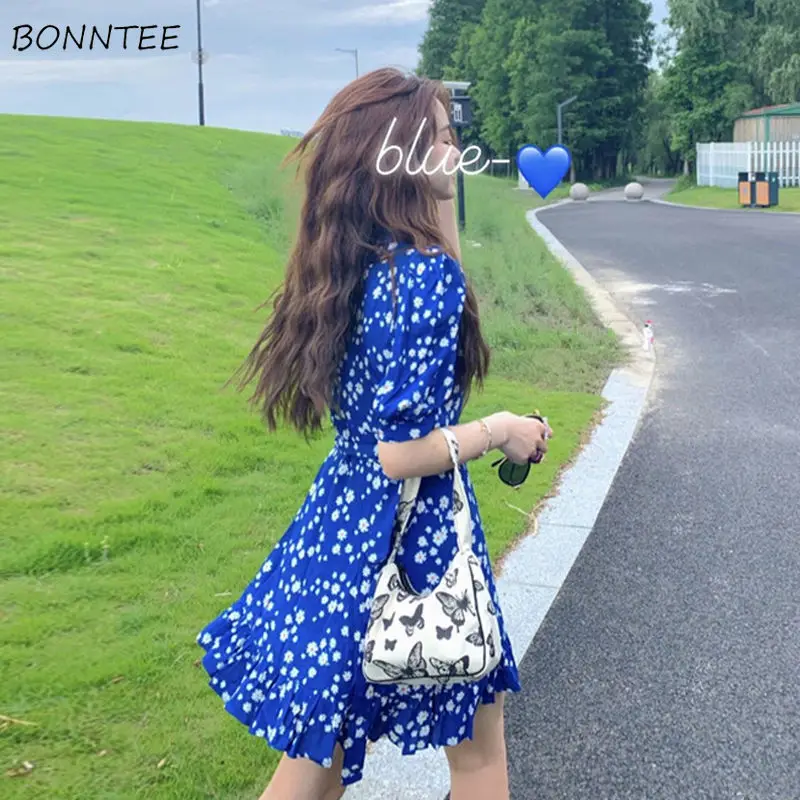 

Floral Dresses Women Femme Jupe Simple Office Lady Korean V-neck Folds Above Knee Summer Daily Empire Retro Elegant Streetwear