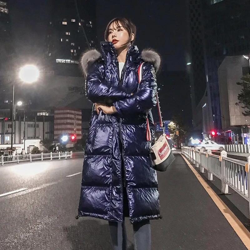 Длинные Голубые отражающие легкие пуховики для девочек 2019 зимняя куртка плотное