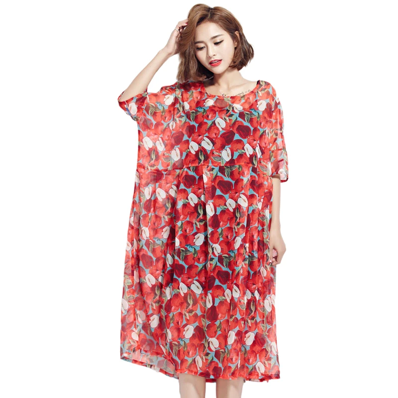 Женское шифоновое платье DIMANAF повседневное праздничное оверсайз с принтом яблок