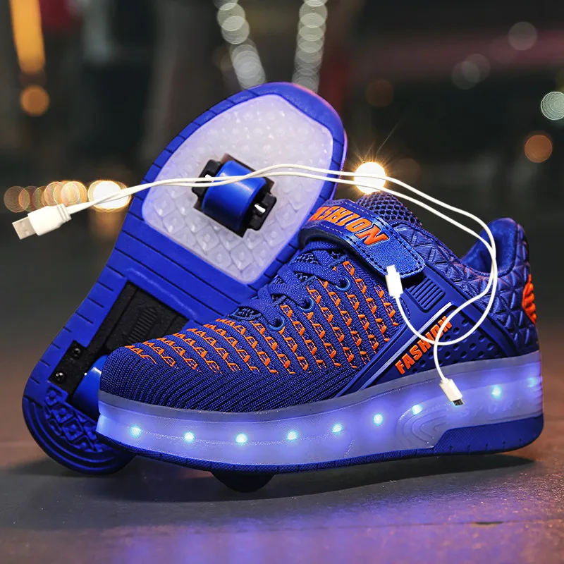 

Two White LED usb charging roller shoes glowing light up luminous sneakers with wheels kids rollers skate shoes for boy girls