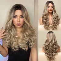 henry margu blonde golden long wave synthetic wigs ombre brown curly natural hairs heat resistant wigs for daily cosplay party