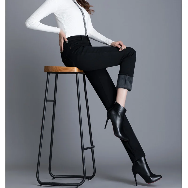 

Women Jeans Autumn Winter Plus Velvet Fashion Casual High Waist Temperament Solid Vintage Slimming Female Straight Pencil Pants