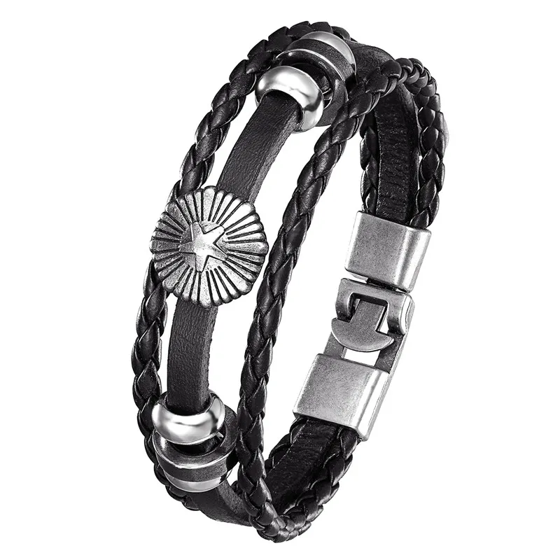 

New retro punk leather bracelet men's fashion five-pointed star multi-layer warp knit cuffs women Puseira Masculina