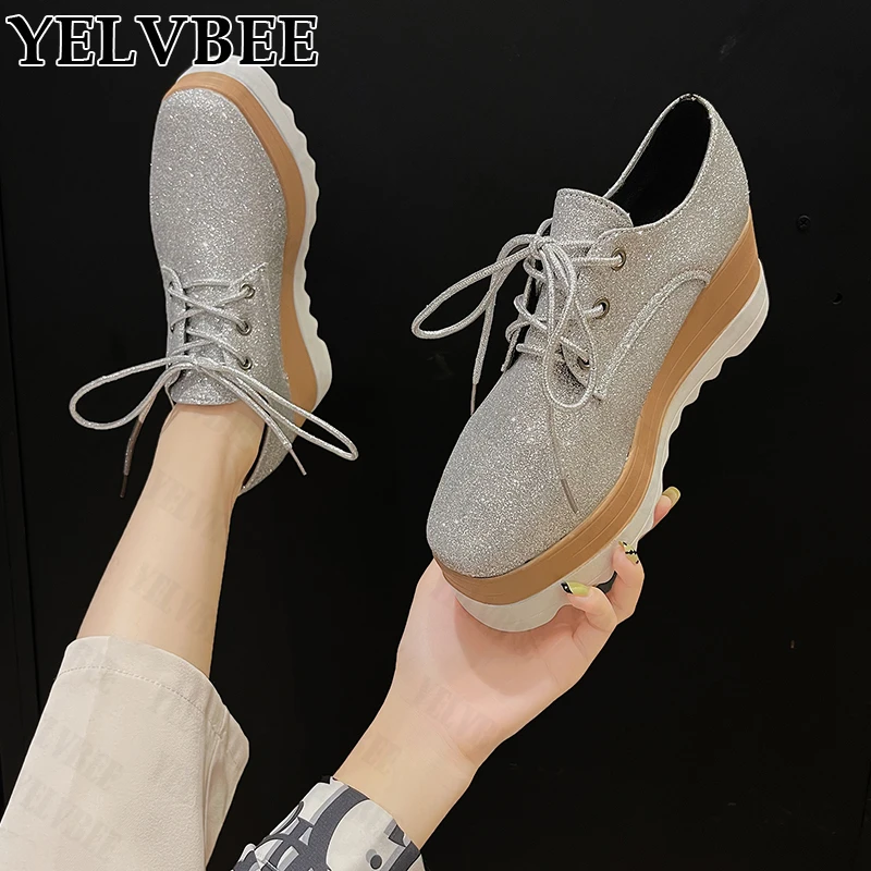 

Женские кроссовки на платформе, Вулканизированная подошва, на шнуровке, повседневная спортивная обувь для бега, осень