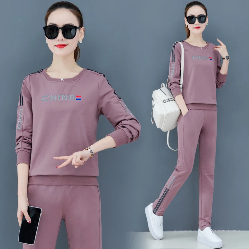 2020 весенние женские большие размеры модные футболки с круглым воротником + брюки