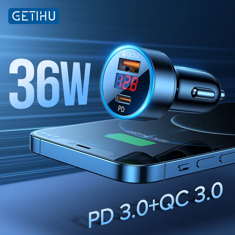 Автомобильное зарядное устройство GETIHU 36 Вт PD с двумя USB портами и светодиодной