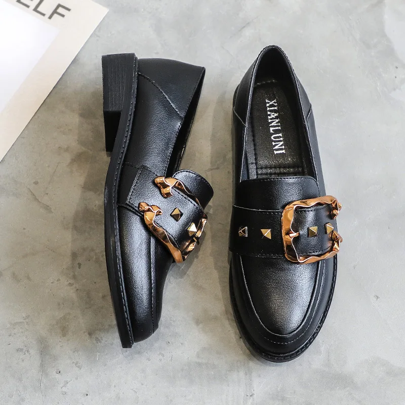 

Round Toe Shoes Woman 2021 Casual Female Sneakers All-Match Flats Oxfords Low Heels Modis Autumn New Retro Dress Leather Cute Fa