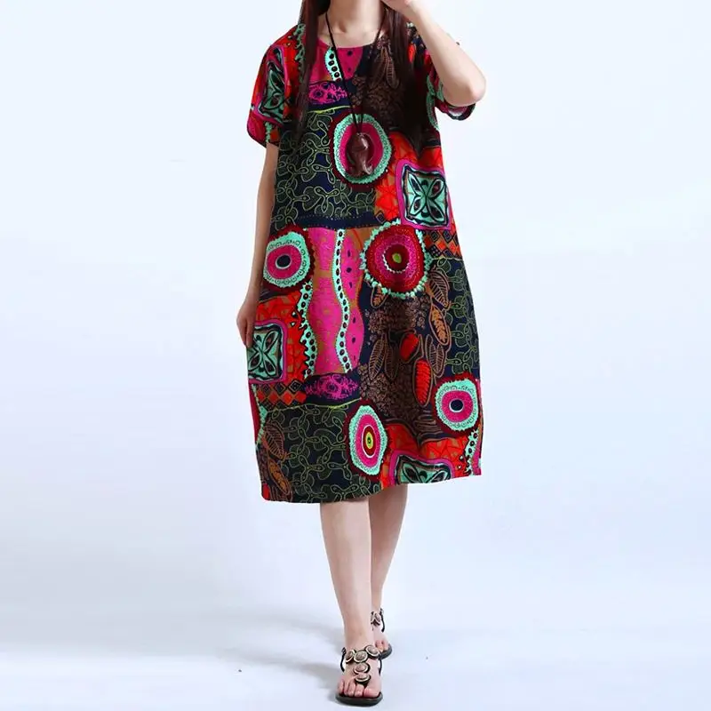 M-5XL2019 YOINS Новое Женское платье с круглым вырезом и цветочным принтом с коротким рукавом из хлопка и льна Повседневное Платье До Колена мешковатое Платье-туника размера плюс