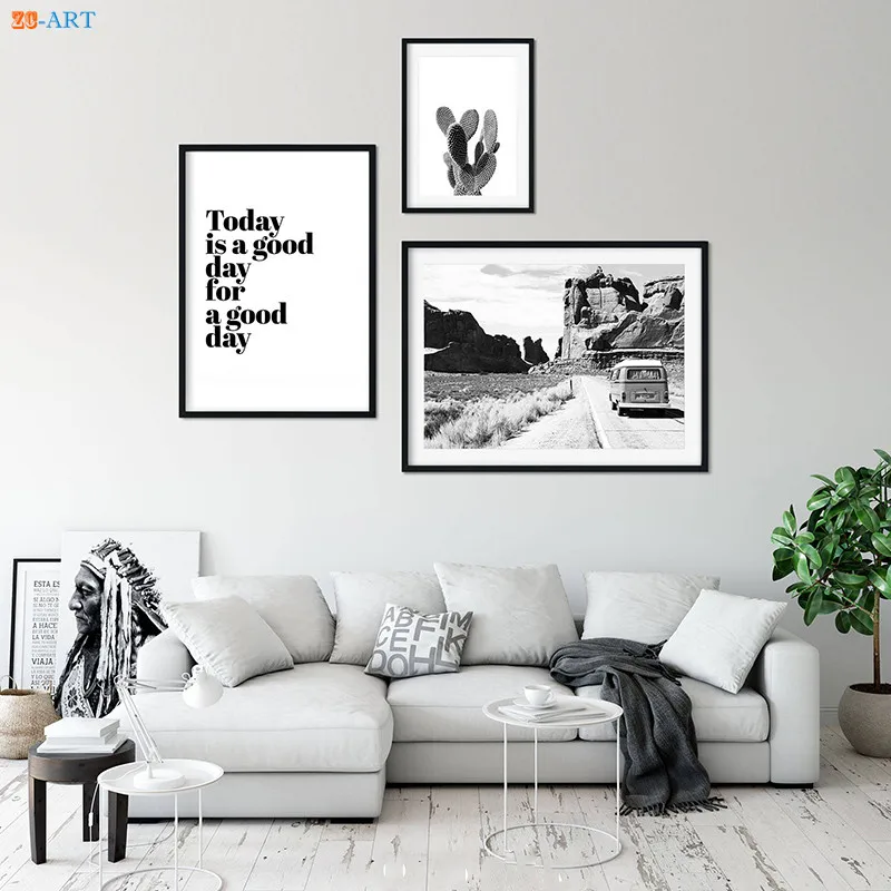 Черно белый пейзаж холст живопись кактус художественные принты плакат Дорожная