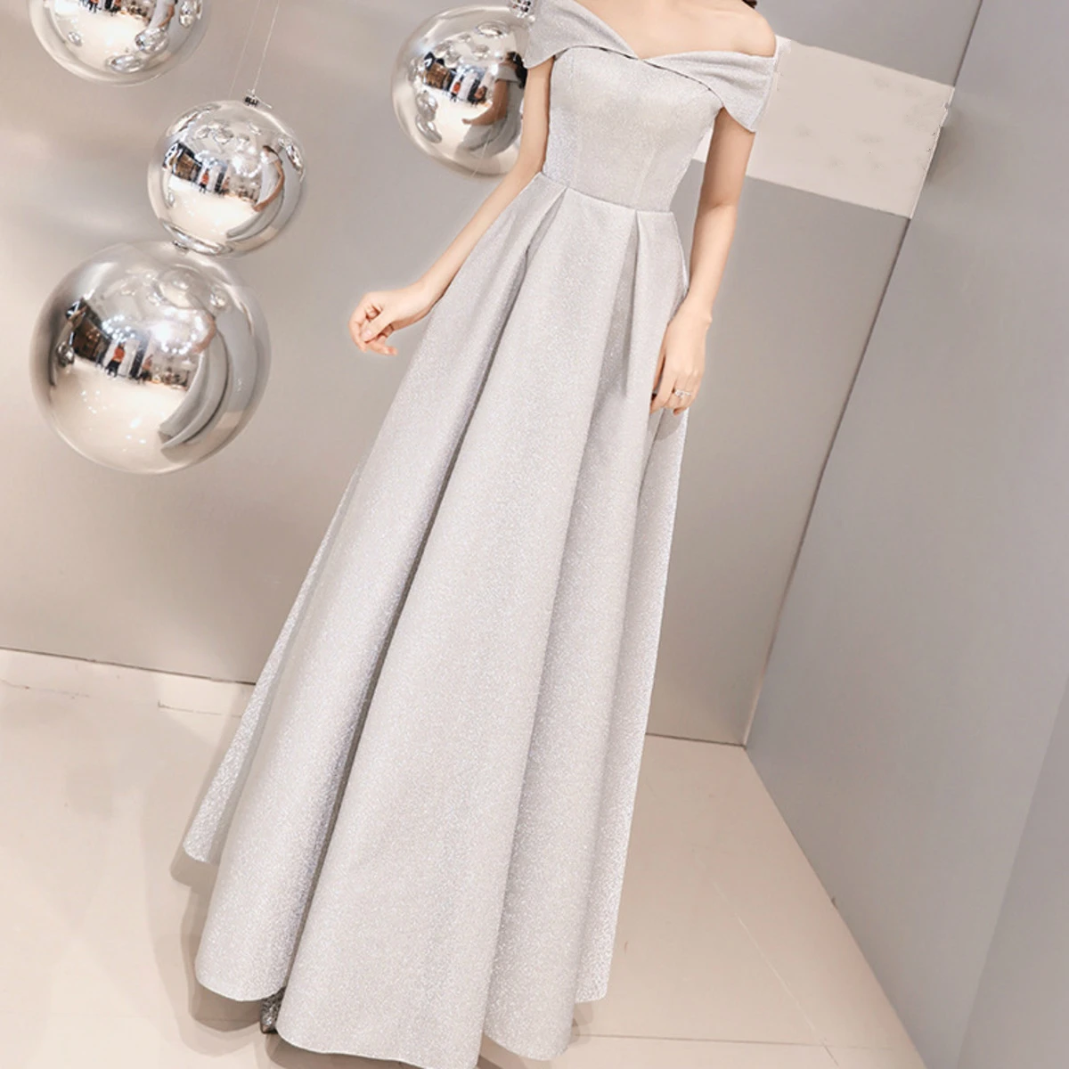 

BacklakeGirls Elegant Satin Off Shoulder Boat Neck Short Sleeve Evening Dress Solid Color Silk Bridal Toast Dress Vestido Formal