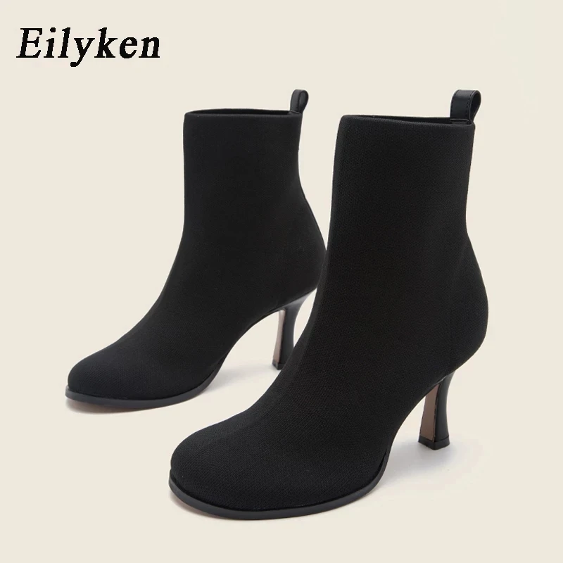

Eilyken New Fashion Shoes knitting Ankle Boots Square Toe Thick Heel Slip On Shoes Stretch Fabric Solid Ladies Footwear Size 42