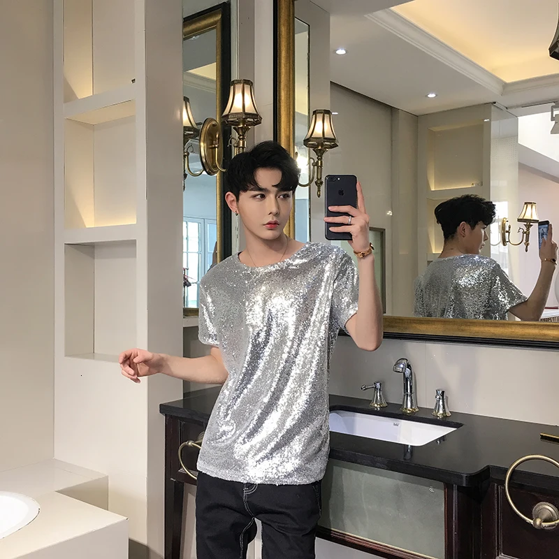 Светоотражающая Футболка с блестками Мужская модная повседневная футболка