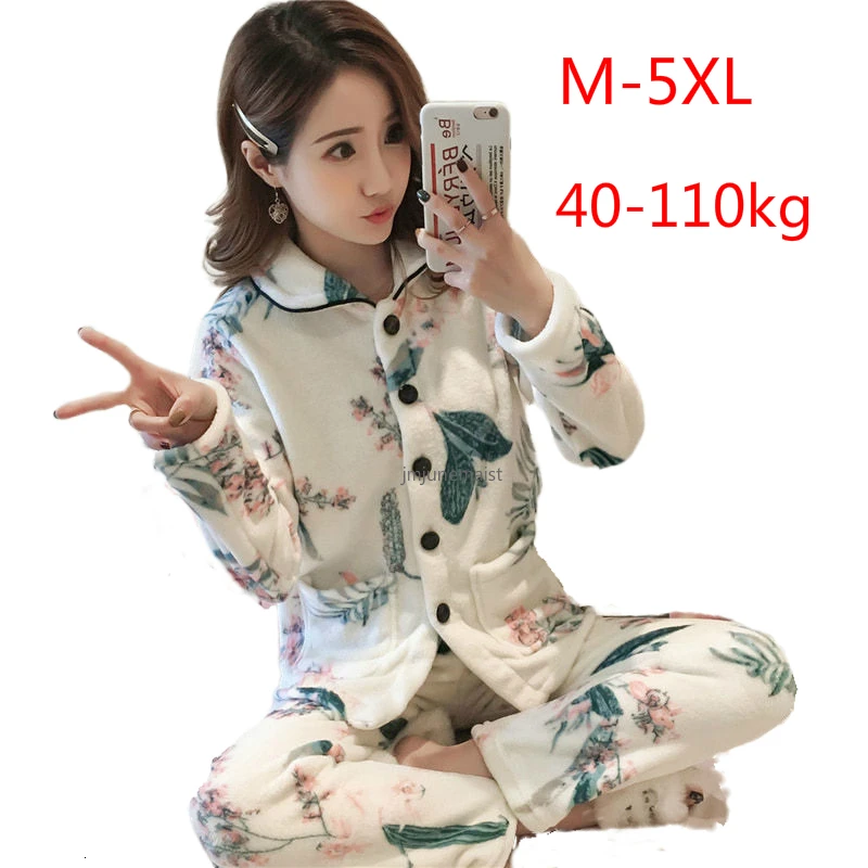 M-5XL зимний пижамный комплект Женская Фланелевая пижама с длинным рукавом плотный