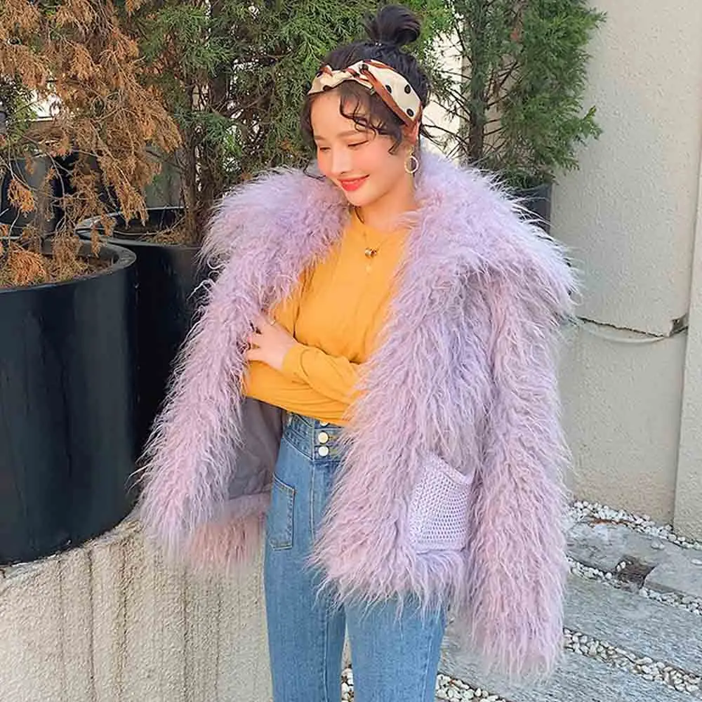 FIRSTTO Stylish Faux Mongolia Sheep Fur Long Hairy Shaggy Big Lapel Outwear Sleeve Knitted Pockets Jackets Coat Top 2 Color | Женская