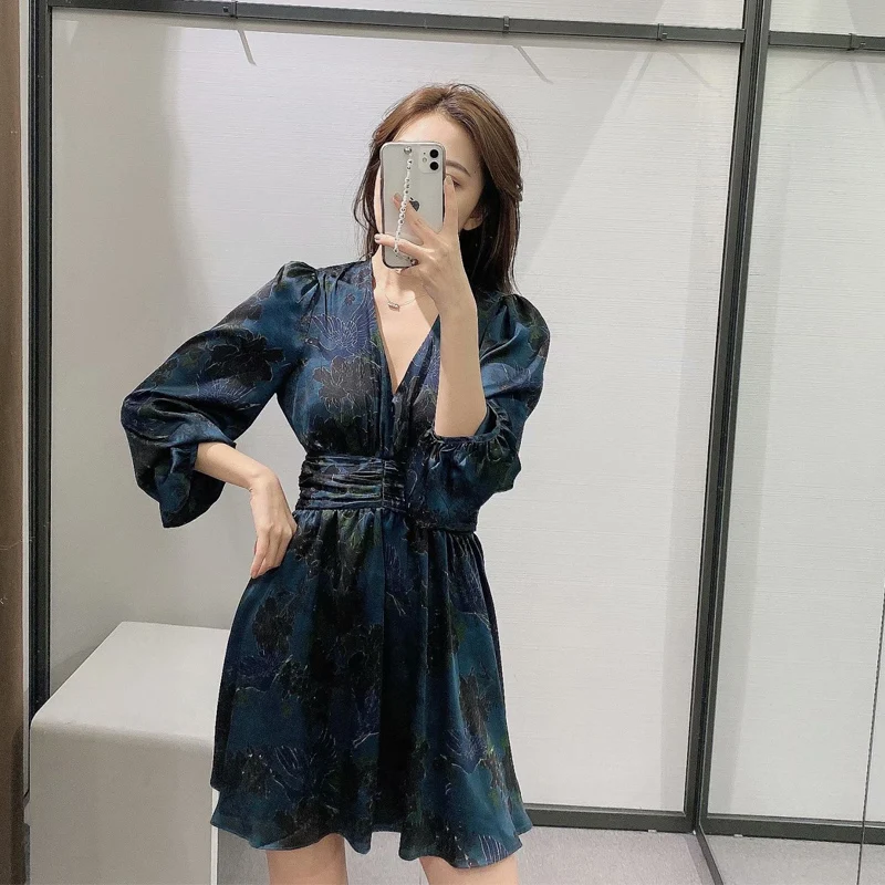 

TMODA1840 Za 2021 Women Floral Print Draped Vintage Mini Dress Female Long Balloon Sleeve Gathered Ruched Waist Vestidos